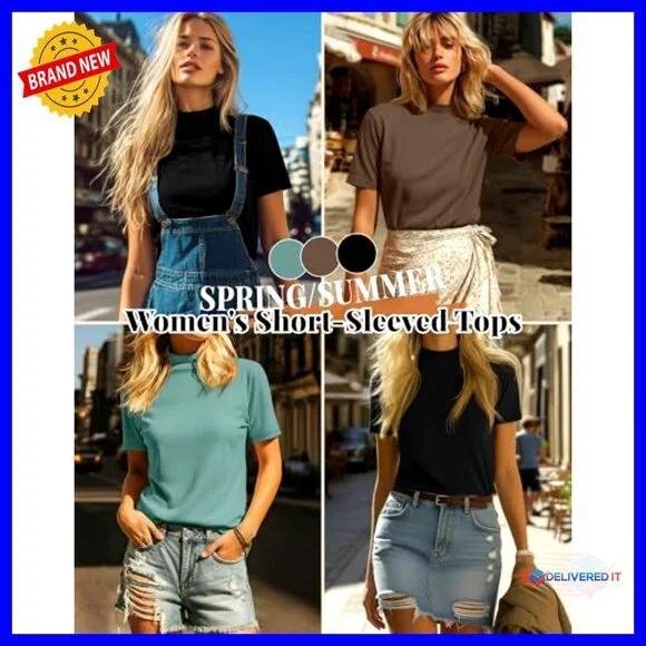 Mock Neck Turtleneck Tops Slim Fitted Dressy Casual Tees Summer Basic